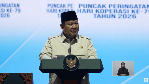 Presiden Prabowo Subianto memberikan sambutan saat menghadiri Hari Koperasi Nasional 2026 dengan tajuk "Koperasi Berdaya, Indonesia Berjaya" di Indonesia Arena, Jakarta, Minggu (12/7/2026). Foto: YouTube/ Sekretariat Presiden