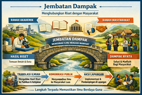 Konsep &ldquo;Jembatan Dampak&rdquo; yang menghubungkan riset dengan masyarakat. (Sumber: Copilot)