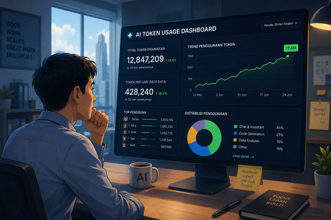 Ilustrasi karyawan memantau tokenmaxxing lewat dashboard penggunaan AI (Sumber: ChatGPT)