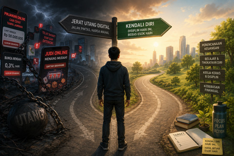 Ilustrasi: konseptual seseorang berdiri di persimpangan jalan, satu arah menuju jerat utang digital, satu arah menuju kendali diri (Sumber: Chatgpt.com)