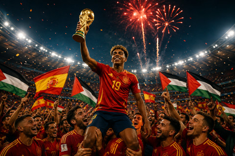 Ilustrasi euforia kemenangan Spanyol dalam Piala Dunia FIFA 2026 (Sumber: AI ChatGPT)