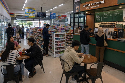 Ilustrasi suasana sudut kafe kecil di dalam toko ritel modern, menunjukkan rak produk berdampingan dengan meja kopi (Sumber: ChatGPT)