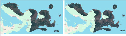 Kenampakan permukaan Kabupaten Bima berdasarkan komposit citra Sentinel-2 RGB (4-3-2) tahun 2020dan 2025. Komposit ini menampilkan kondisi permukaan mendekati warna alami (true color composite), dengan vegetasi tampak hijau, badan air gelap kebiruan, serta lahan terbuka berwarna cokelat hingga abu-abu. Secara visual, vegetasi lebih terkonsentrasi pada wilayah hulu dan perbukitan, sementara sebagian besar wilayah lainnya berupa lahan terbuka. (Sumber: Tangkapan layar dan diolah dari Citra Sentinel-2 Surface Reflectance (Copernicus), 2026).