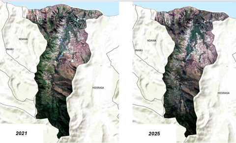 Kenampakan permukaan DAS Nangapera berdasarkan komposit citra Sentinel-2 RGB (4-3-2) tahun 2021 dan 2025. Komposit true color menunjukkan vegetasi berwarna hijau, badan air gelap kebiruan, serta lahan terbuka berwarna cokelat hingga abu-abu. Secara visual, DAS Nangapera memiliki wilayah hulu dengan topografi berbukit dan lereng curam, serta area terbuka yang dominan pada bagian tengah hingga hilir (Sumber: Tangkapan layar dan diolah dari Citra Sentinel-2 Surface Reflectance (Copernicus), 2026).
