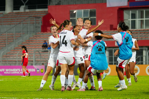 Timnas Wanita Indonesia merayakan gol saat melawan Singapura di AFF Women's Cup 2026, Minggu (19/7) di Kuala Lumpur Football Stadium, Malaysia. Foto: PSSI