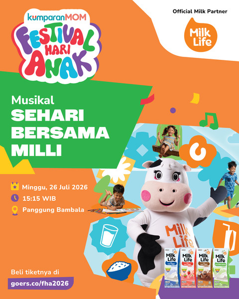 Brand Playtime musikal &ldquo;Sehari Bersama Milli&rdquo; akan berlangsung pada Minggu, 26 Juli 2026 pukul 15.15 WIB di Panggung Bambala, kumparanMOM Festival Hari Anak 2026. Dok. kumparan.