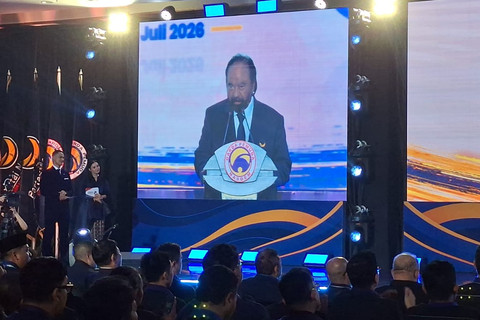 Ketua Umum Partai NasDem Surya Paloh memberikan sambutan saat menghadiri Kongres II dan Peringatan Hari Ulang Tahun ke-15 Garda Pemuda Nasdem di Hotel Mercure Ancol, Jakarta Utara, Rabu (22/7/2026). Foto: Pradya Tirta/kumparan