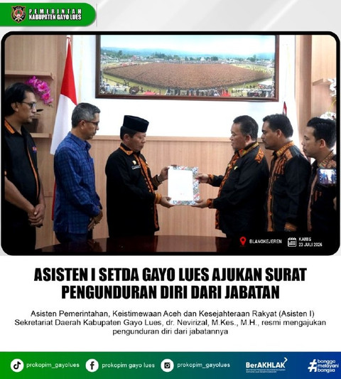 Asisten Pemerintahan, Keistimewaan Aceh dan Kesejahteraan Rakyat (Asisten I) Sekretariat Daerah Kabupaten Gayo Lues, dr. Nevirizal mundur dari jabatannya. Foto: Dok. Pemkab Gayo Lues