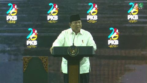 Presiden Prabowo Subianto memberikan sambutan saat menghadiri Puncak Harlah PKB ke-28 di JCC, Senayan, Jakarta, Kamis (23/7/2026). Foto: Youtube/ DPP PKB