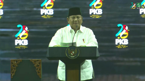Presiden Prabowo Subianto memberikan sambutan saat menghadiri Puncak Harlah PKB ke-28 di JCC, Senayan, Jakarta, Kamis (23/7/2026). Foto: Youtube/ DPP PKB