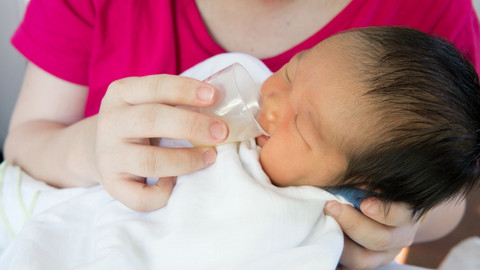 bayi minum ASI perah dengan gelas sloki Foto: Shutterstock