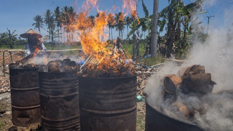 SEBAGAI ILUSTRASI: Seorang pekerja membakar tempurung kelapa untuk dijadikan arang di Desa Kasoloang, Pasang Kayu, Sulawesi Barat, Kamis (10/3/2022). Foto: ANTARA FOTO/Basri Marzuki