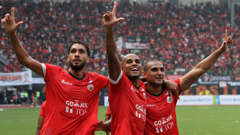 Para penggawa Persija merayakan gol. Foto: Risky Andrianto/ANTARA