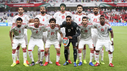 Timnas UEA berpose sebelum pertandingan. Foto: Reuters/Suhaib Salem