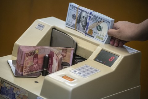 Petugas mengitung uang rupiah di salah satu gerai penukaran uang asing di Jakarta, Rabu (27/11). Foto: ANTARA FOTO/Aprillio Akbar