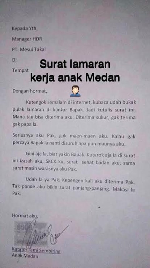 Lucunya Pelamar Kerja Ini Kirim Surat Lamaran Pakai Logat Medan Kumparan Com