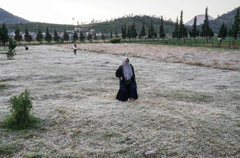 Wisatawan menikmati embun beku yang muncul akibat penurunan suhu hingga minus tujuh derajat celcius di kompleks Candi Arjuna, di dataran tinggi Dieng, Banjarnegara, Jawa Tengah, Selasa (25/6/2019). Foto: ANTARA FOTO/Idhad Zakaria