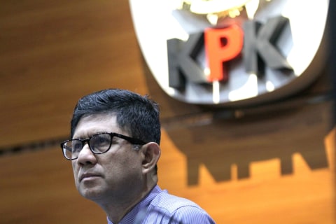 Laode M. Syarif saat menggelar konferensi pers terkait penetapan tersangka di Gedung KPK, Jakarta, Senin (16/12). Foto: Nugroho Sejati/kumparan