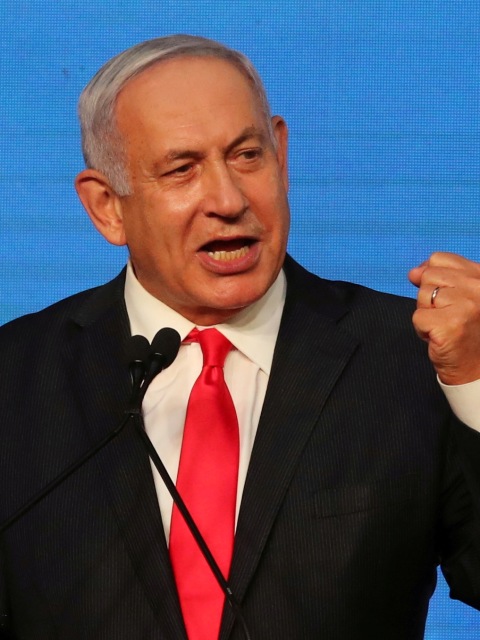 Perdana Menteri Israel Benjamin Netanyahu, memberikan keterangan terkait hasil pemilihan umum Israel di markas partai Likud di Yerusalem,Israel, Rabu (24/3). Foto: Ronen Zvulun/REUTERS