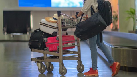Ilustrasi orang membawa barang dan koper banyak di Bandara. Foto: Shutter Stock