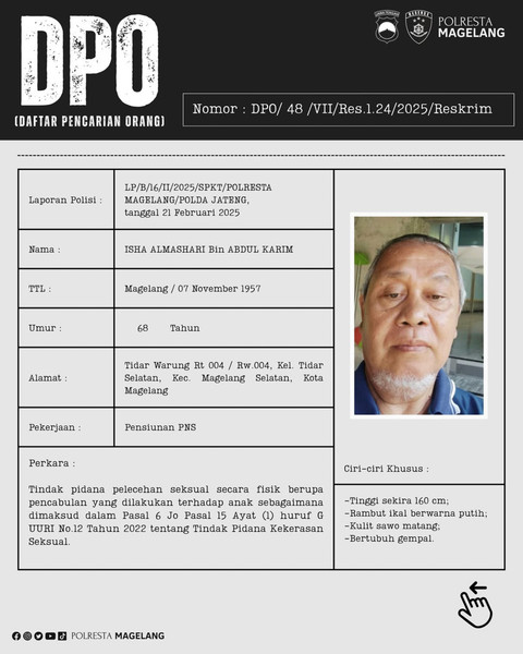 Pensiunan PNS di Magelang Jadi DPO Pencabulan Anak di Bawah Umur, Ini Tampangnya