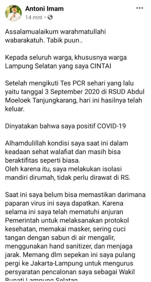 Tambahan 12 Kasus Covid 19 Di Lampung Satu Di Antaranya Cawabup Lampung Selatan Kumparan Com