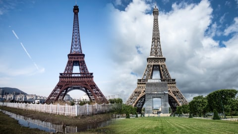 Replika Menara Eiffel di Tianducheng, China (kiri) dan Menara Eiffel di Paris, Prancis. Foto: Johanes Eisele/AFP dan Betrand Guay/AFP