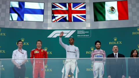 Hamilton, Raikkonen, dan Perez di podium. Foto: Reuters/David Mdzinarishvili