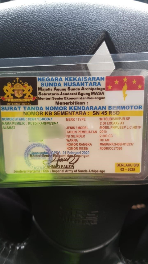 STNK Kekaisaran Sunda Nusantara. Foto: Dok. Istimewa