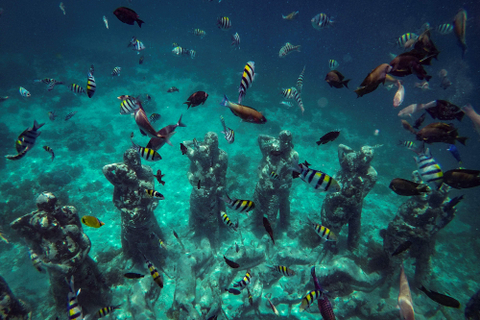 Ikan-ikan berada di dekat patung karya seniman Jason deCaires Taylor berjudul Nest di perairan Gili Meno, Kepulauan Gili, Lombok Utara. Foto: Aprillio Akbar/Antara Foto