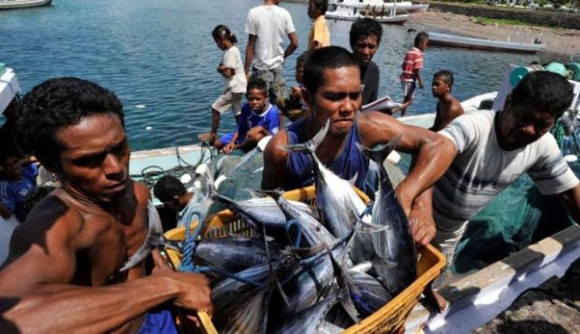 Nelayan Maluku mengangkat ikan di pesisir pantai (Foto: Kementerian Kelautan dan Perikanan (KKP))