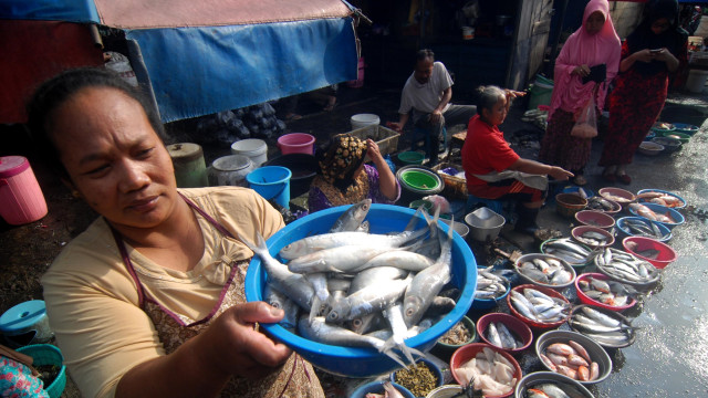 Pedagang membawa wadah berisi ikan bandeng. (Foto: ANTARA/Aditya Pradana)