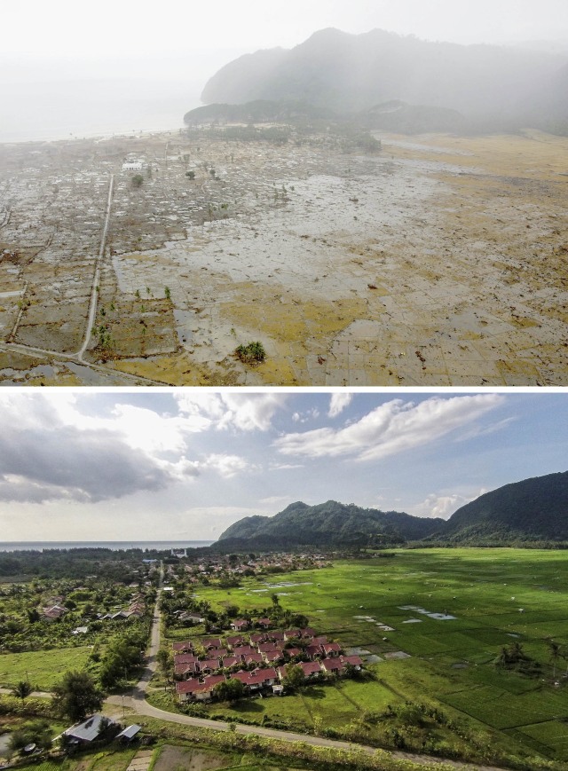 Lampuuk, Aceh usai diterjang tsunami 2004 (atas). Kondisi Lampuuk 10 tahun pasca tsunami (bawah). (Foto: Getty Images)