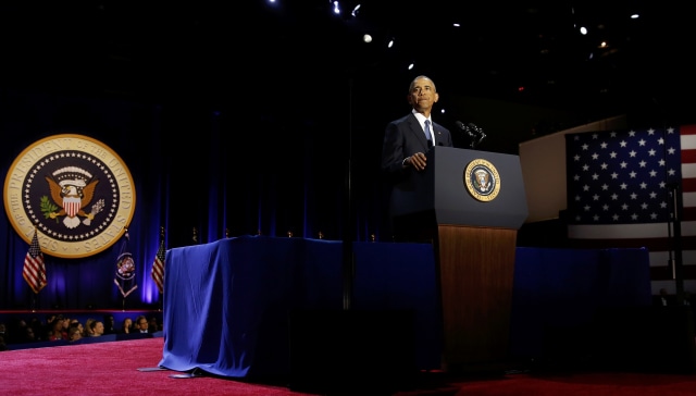 Barack Obama di atas podium. (Foto: REUTERS/Jonathan Ernst)