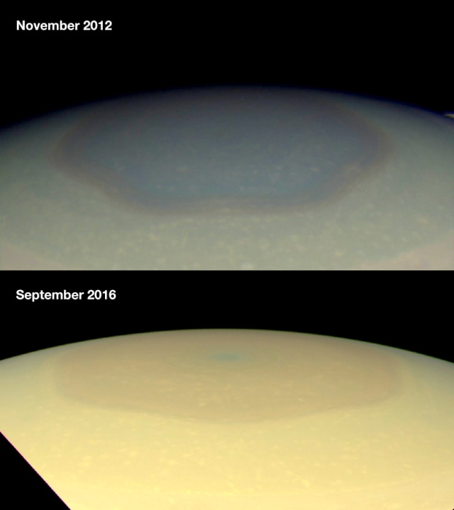 Kutub utara di Saturnus berubah warna (Foto: NASA/JPL-Caltech/Space Science Institute/Hampton University)