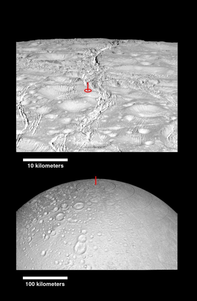 Kutub utara dari Bulan-nya Saturnus, Enceladus (Foto: NASA/JPL-Caltech/Space Science Institute)