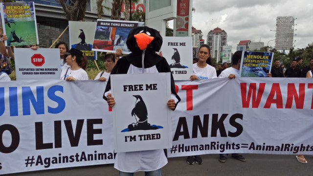 Demonstran dengan poster dan kostum penguin (Foto: Aprilandika Pratama/kumparan)