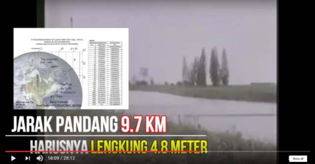 Jarak 9,7 km seharusnya melengkung 4,8m (Foto: Youtube/ Flat Earth 101)