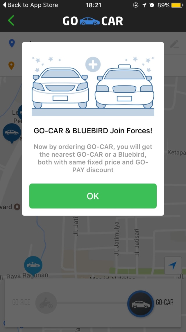 Notifikasi kerja sama GoCar dan BlueBird. (Foto: Gojek)