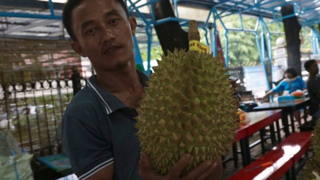 Pedagang durian menunjukan durian unggulan. (Foto: Fanny Kusumawardhani/kumparan)