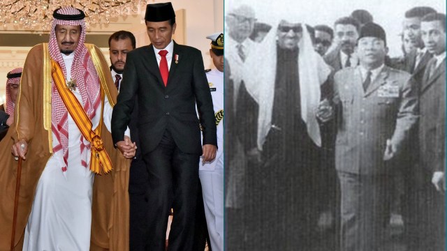 Jokowi dan Sukarno bergandengan dengan Raja Arab. (Foto: Via Reuters dan kingsaud.org)