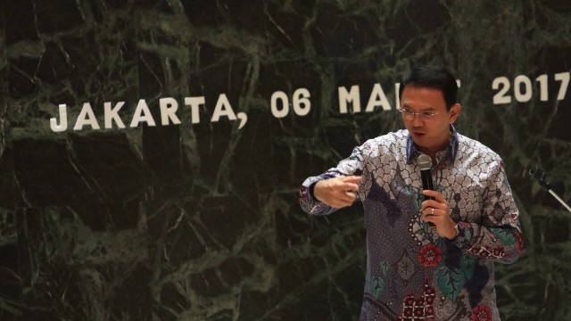 Ekspresi Ahok saat memberi sambutan. (Foto: Fanny Kusumawardhani/kumparan)