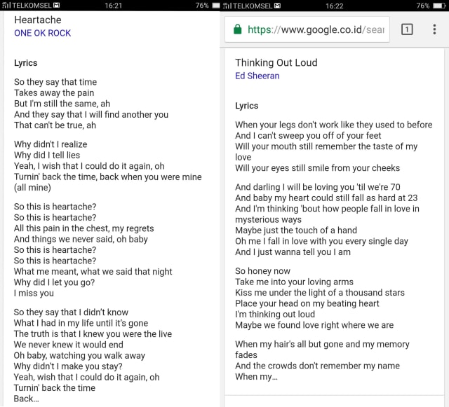 Hasil pencarian lirik lagu di Google. (Foto: Google)