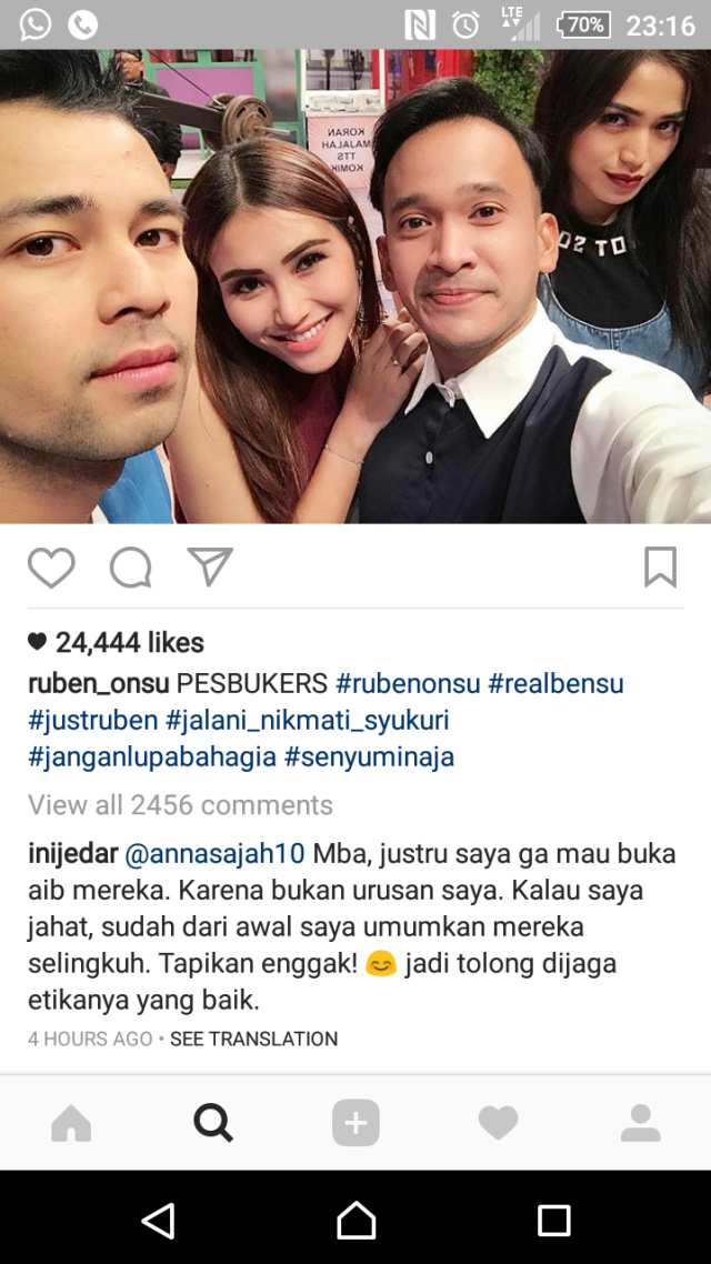 Screenshot komentar Jedar soal selingkuh (Foto: Instagram @ruben_onsu)