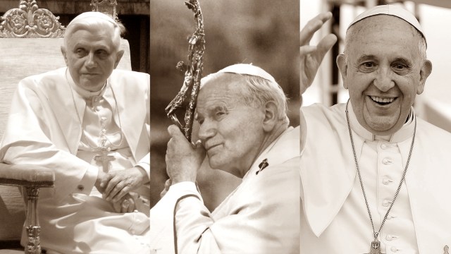 Paul John Paul II, Benediktus, dan Francis (Foto: Wikimedia Commons)