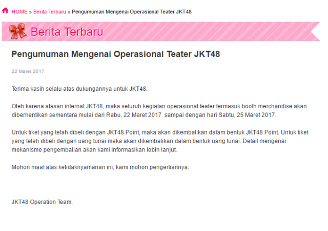 Pengumuman kegiatan JKT48 berhenti sementara (Foto: www.jkt48.com)