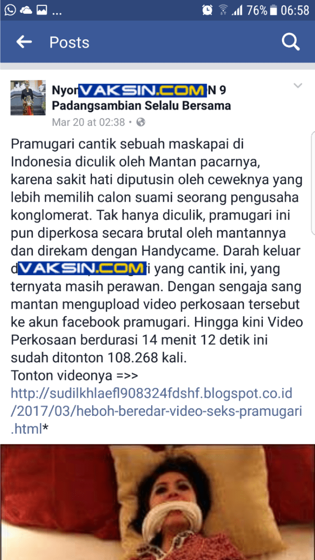 Unggahan Facebook tentang hoax pramugari. (Foto: Vaksincom)