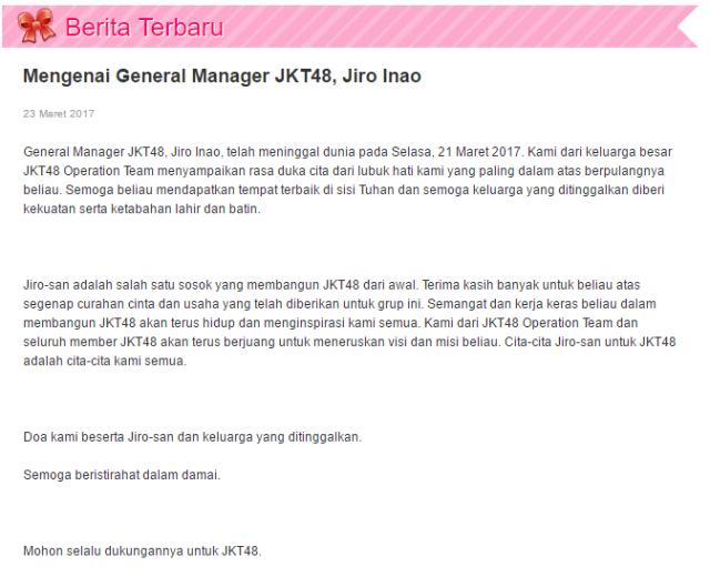 Pernyataan manajemen JKT48 soal Jiro Inao (Foto: www.jkt48.com)