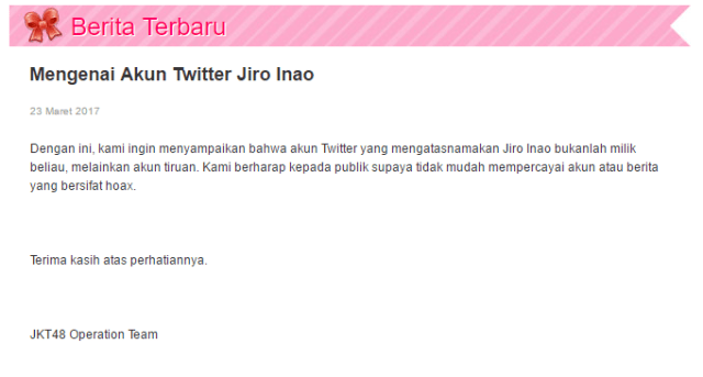 Klarifikasi manajeman JKT48 soal twitter Jiro Inao (Foto: www.jkt48.com)