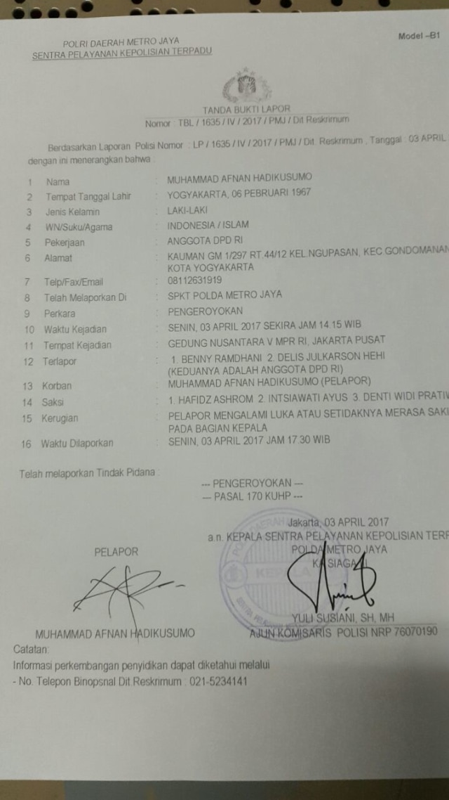 Laporan anggota DPD ke polisi (Foto: Istimewa)